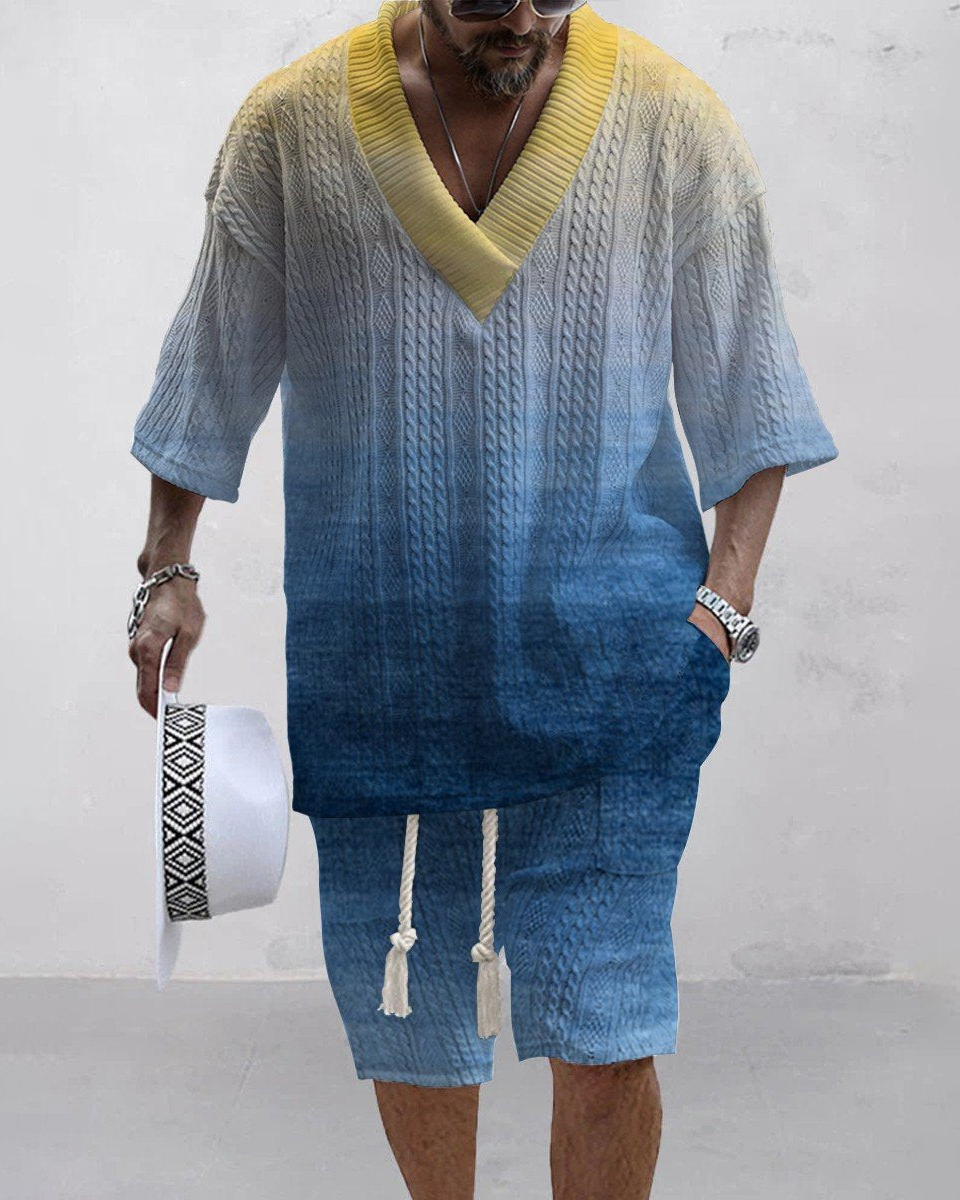 Men's V Neck Luxurious Textured Print Shorts Set 207
