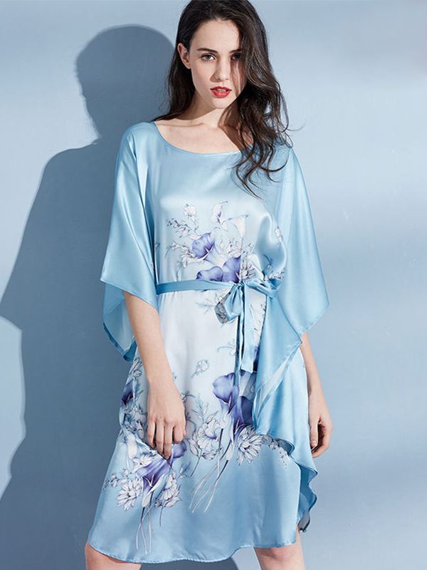 19 Momme Blue Flower Printed Loose Plus Size Nightgown-Real Silk Life