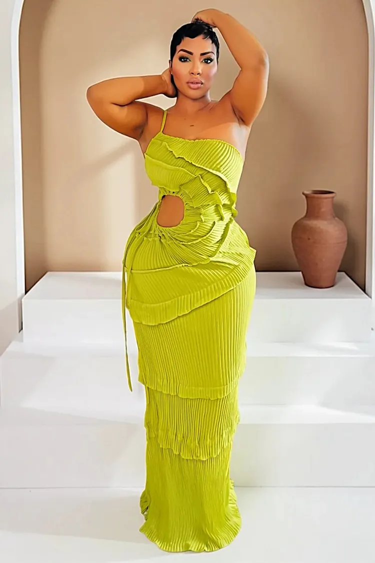 Layered Pleated Waist Cutout Mermaid Vacation Maxi Dresses-Green [Pre Order]