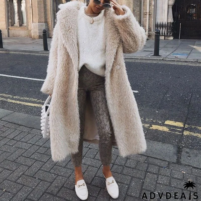 Women Fashion Winter Plush Warm Solid Color Long-sleeve Over Coat