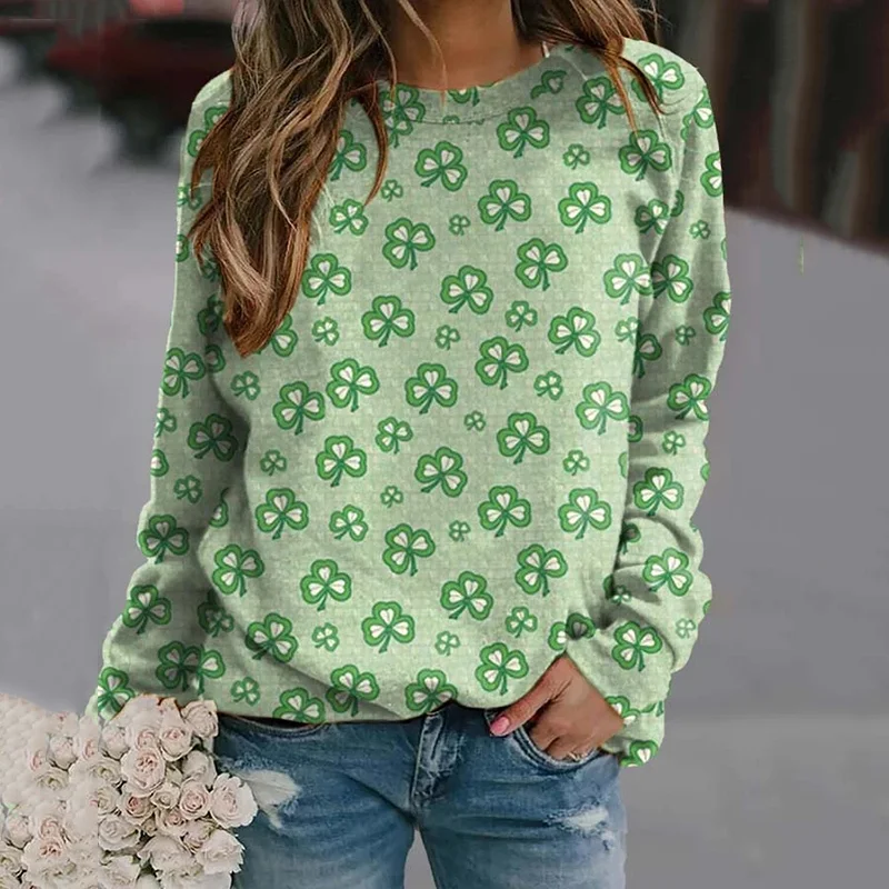 Clover Print Round Neck Long Sleeve Sweatshirt