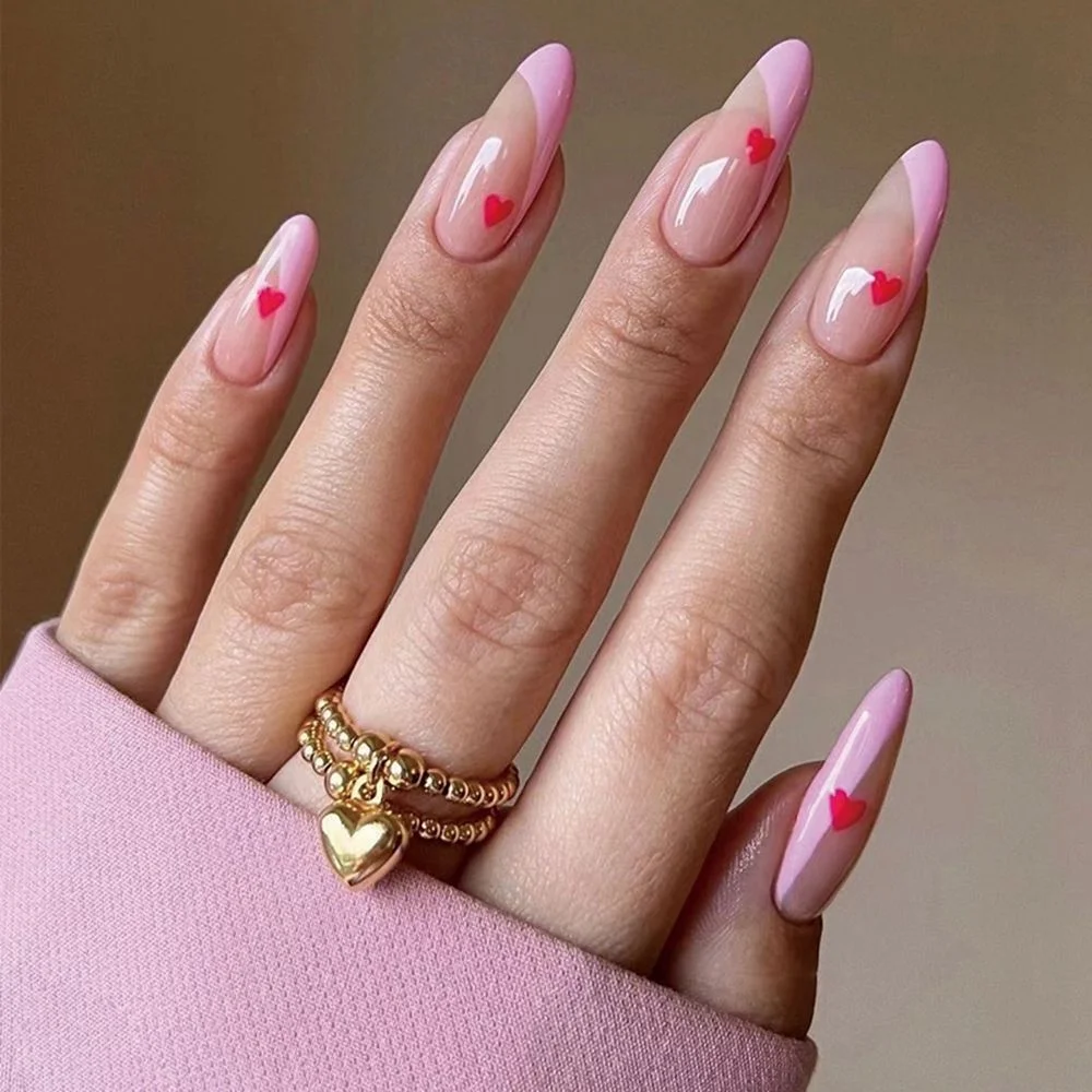 Churchf Almond False Nails Press On Nails Detachable Fake Nail Tip gold heart with Design Manicure Patches Press On Nails-Nail Inspo
