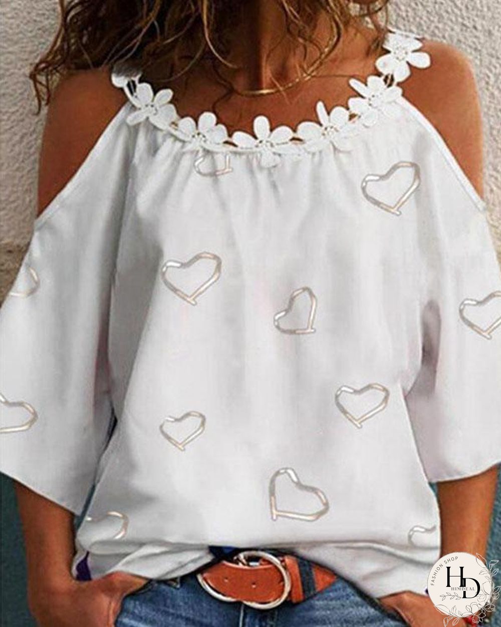 Cold Shoulder Flower Patchwork Print Half Sleeve Blouses