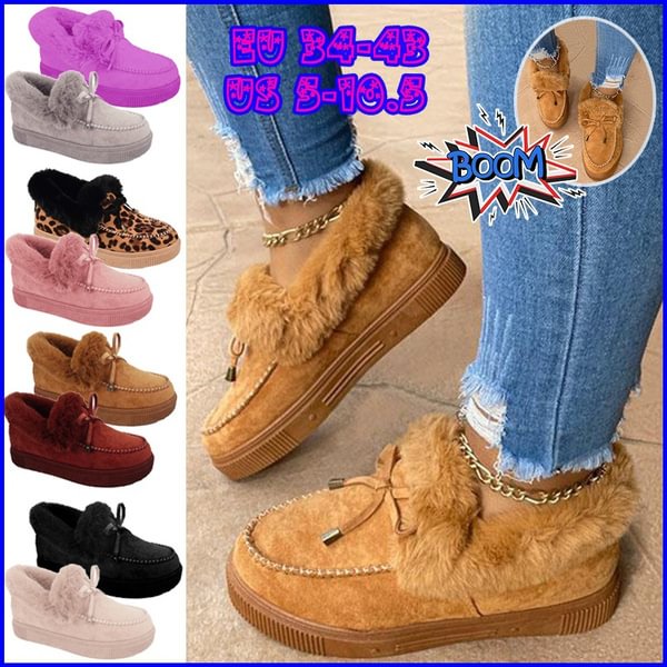 Women's Fashion Comfy Flat Loafers Moccasins Boots Soft Faux Fur Winter Warm Boots Casual Lightweight Ladies Shoes Slip-On Slides Slippers Outdoor Anti-Slip Platform Shoes