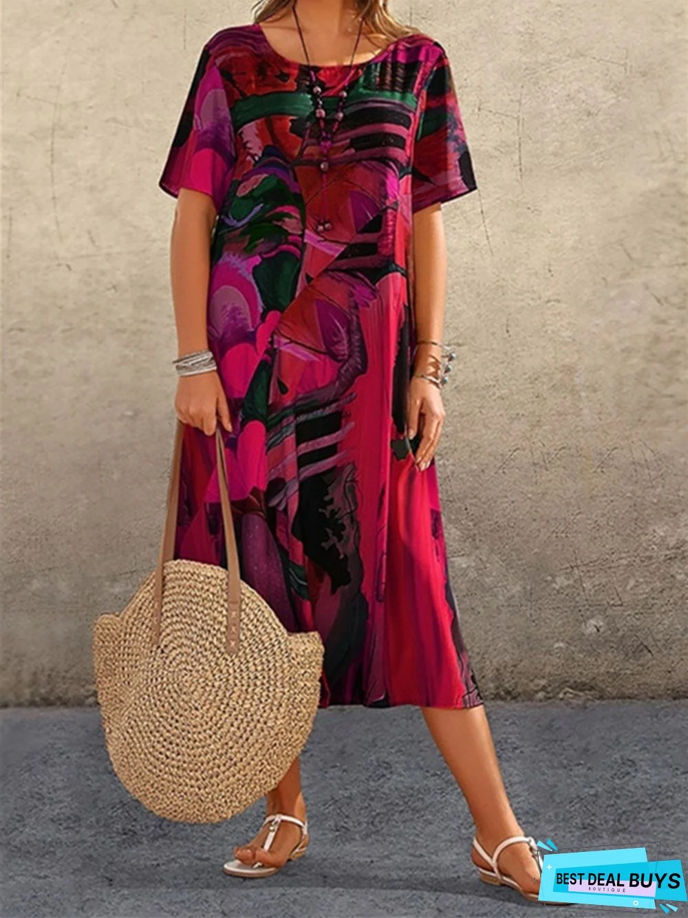 Fashion Casual Print Dress Short Sleeved Beach Dress