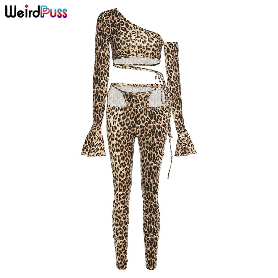 Weird Puss Leopard Print Tracksuit Women Sexy One Shoulder Tops+High Waist Bandage Skinny Stretchy Matching Set Activity Outfits