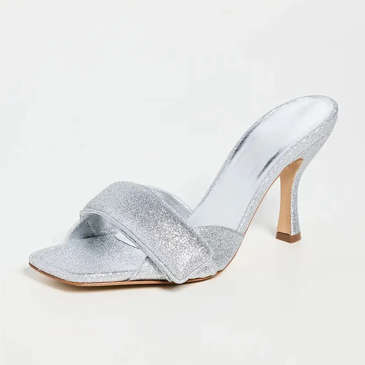 Silver Glitter Padded Strap Open Square Toe Women's Heel Sandals |FSJ Shoes