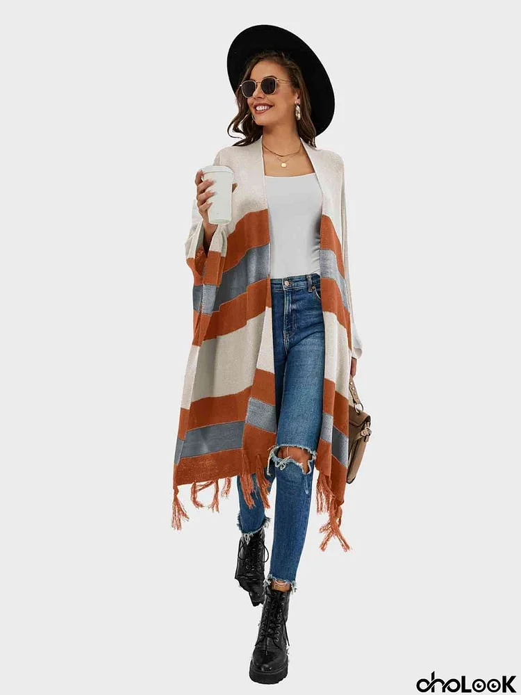 Striped Open Front Fringe Cardigan