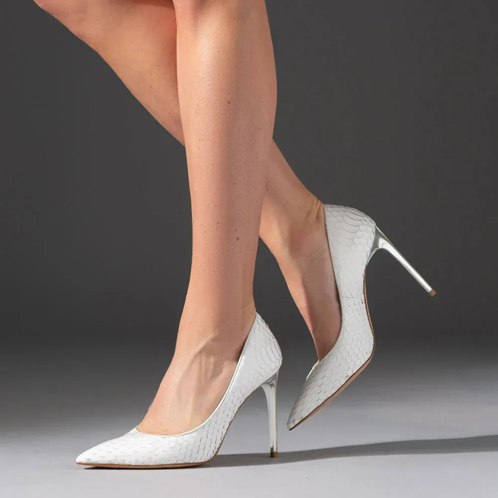 Snakeskin Pattern Pointed Toe Stiletto Heeled White Pumps for Women