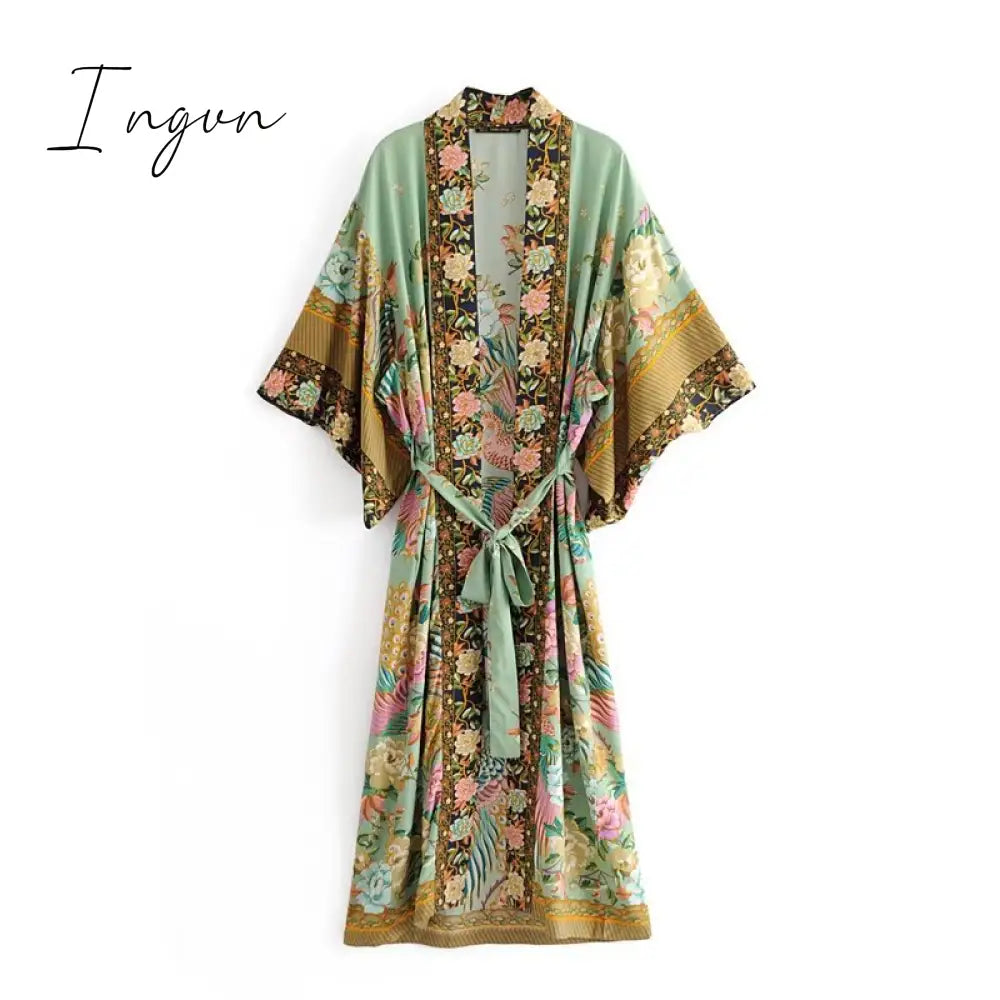 Ingvn - Women Peacock Floral Print Bat Sleeve Beach Bohemian Kimono Robe Ladies V Neck Tassel