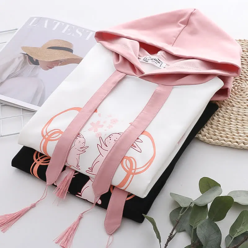 Colorblock Bunny Sakura Print Loose Hoodie