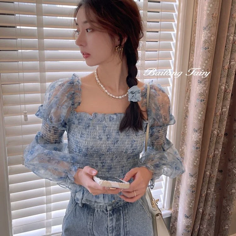 Dresses Women Mesh French New Summer Sweet Leisure Mid-calf Cozy Design Cute Lovely Print Student Long Sleeve Fashionable Purple