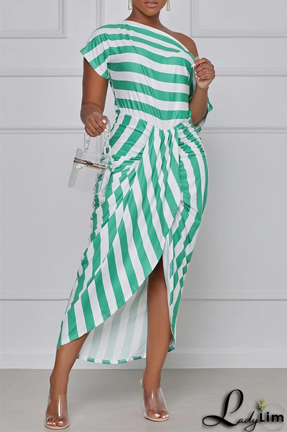 Green Fashion Casual Striped Print Asymmetrical Oblique Collar Short Sleeve Dress