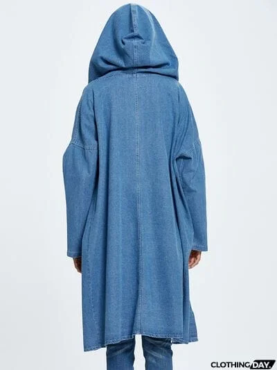 Button Up Dropped Shoulder Hooded Denim Top