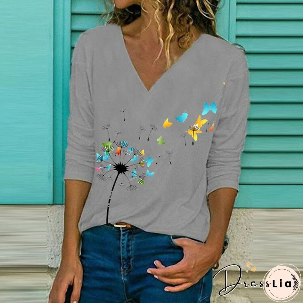 Women's Floral Printed V-neck Long Sleeve T-shirt Butterfly Printed Loose Top Casual Pullover Spring/Summer Ladies Shirt