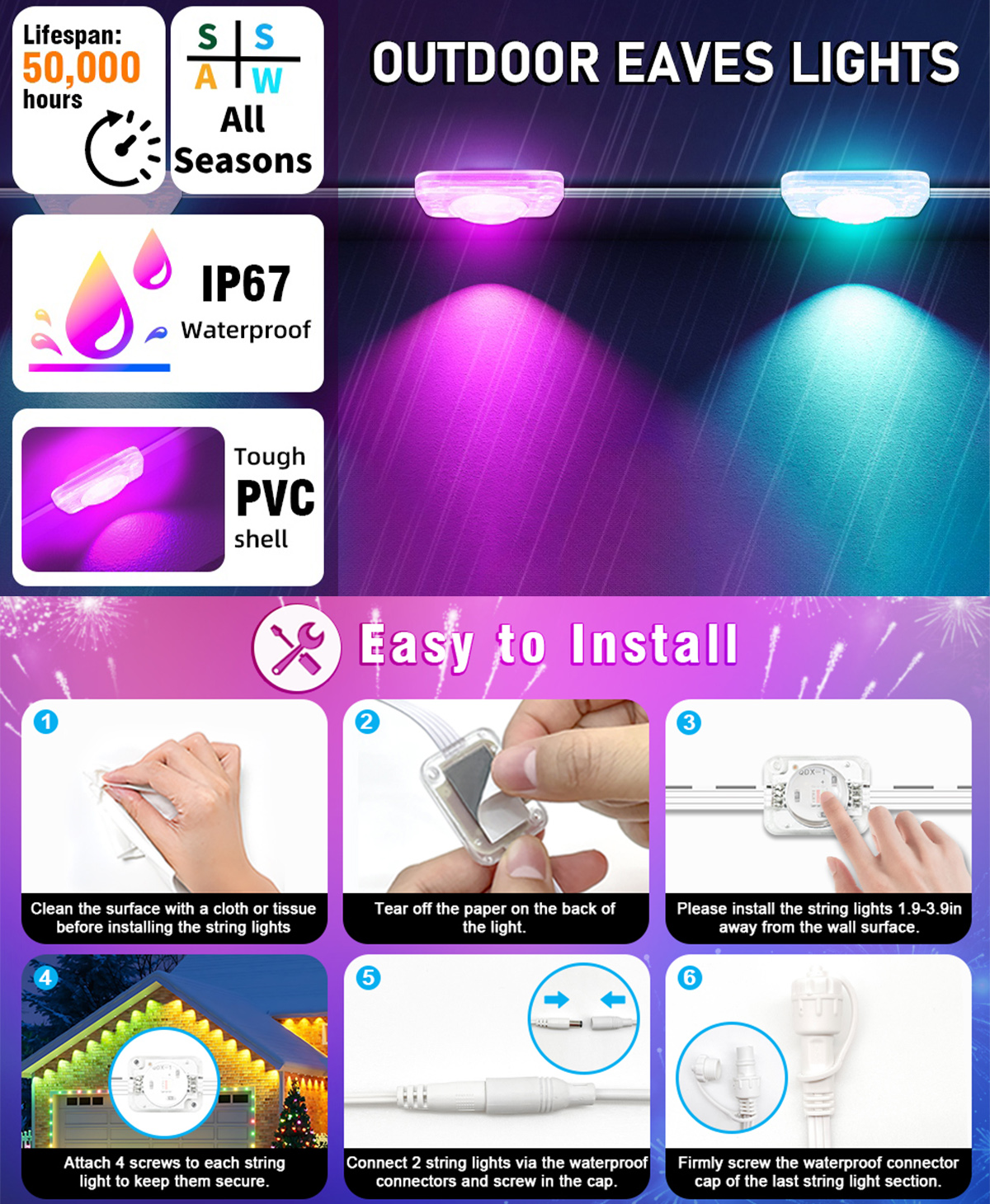Tegooe Smart RGBIC Permanent Outdoor String Lights IP65 Rated