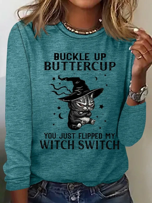 Women's Halloween Buckle Up Buttercup Casual Crew Neck Text Letters Shirt socialshop
