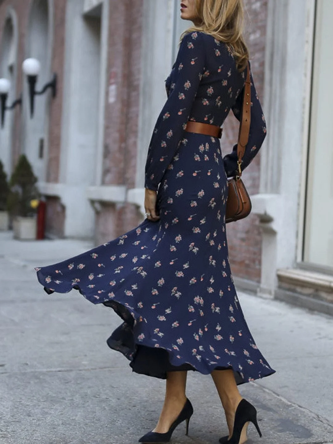 Tie-Neck Dark Blue Dresses Shift Date Floral Dresses