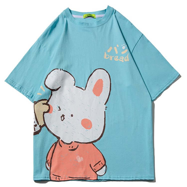 Cartoon Bunny Print Round Collar Casual T-Shirt - Modakawa modakawa