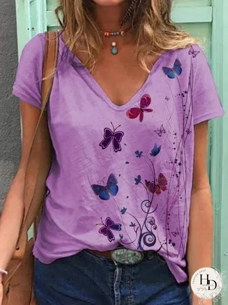 Butterfly Print Short-sleeved V-neck T-shirt