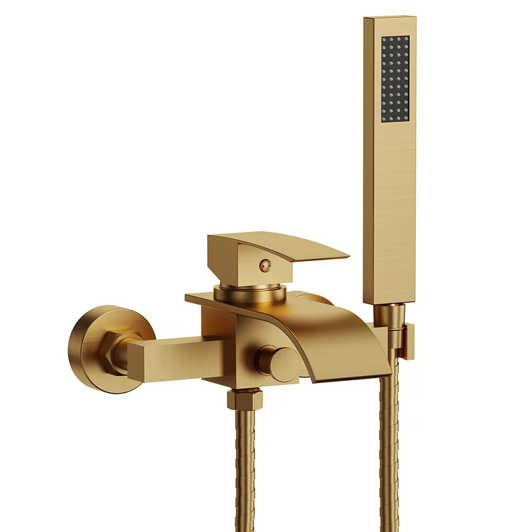 EVERSTEIN Wall Mount Waterfall Bathtub Faucet with Hand Shower Brushed Gold