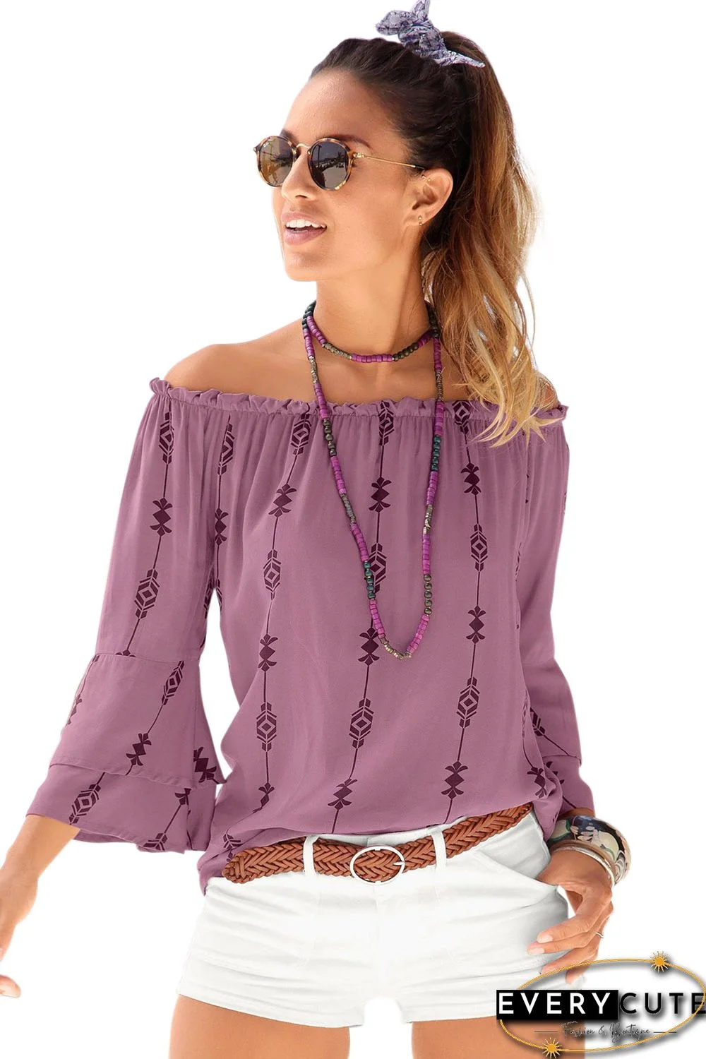 Purple Elasticised Neck Floral Print Blouse