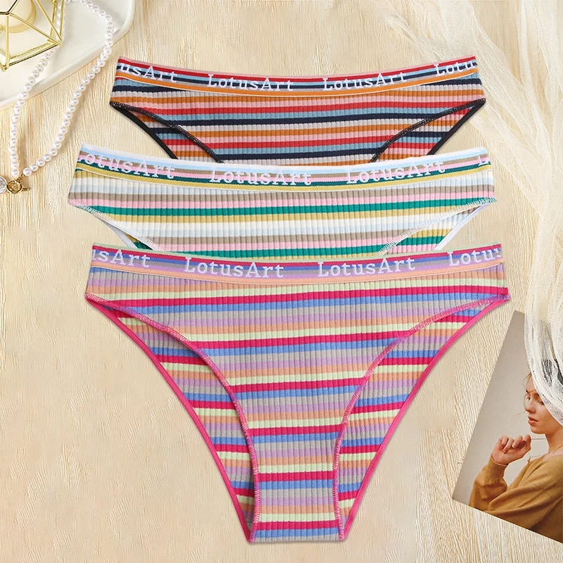 FINETOO 3PCS/Set Women Cotton Seamless Panties for Female M-XL Underwear Panty Sexy Colorful Striped Lingerie Letter Waist Brief