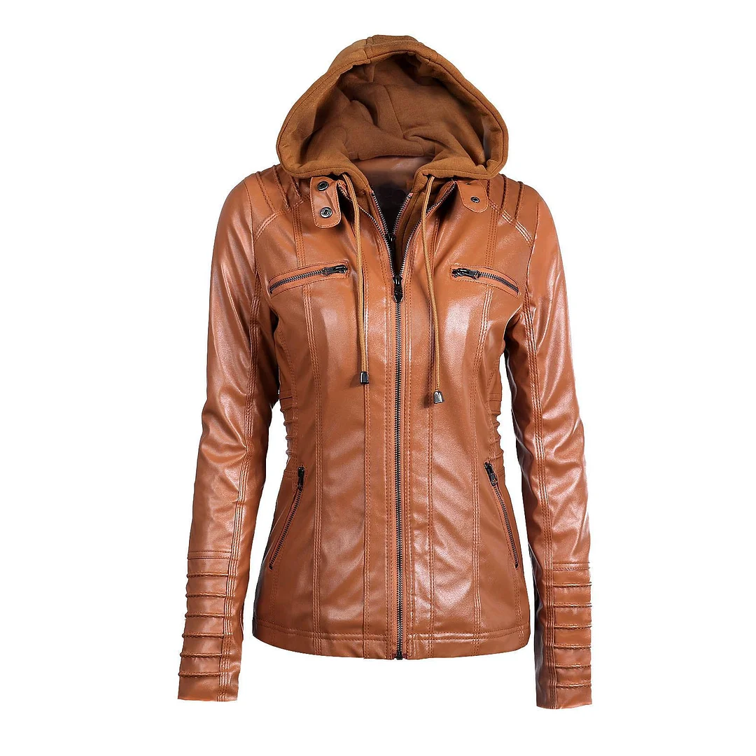 FTLZZ New Women Faux Leather Jacket Pu Motorcycle Hooded Hat Detachable Casual Leather Plus Size 5xl Punk Outerwear