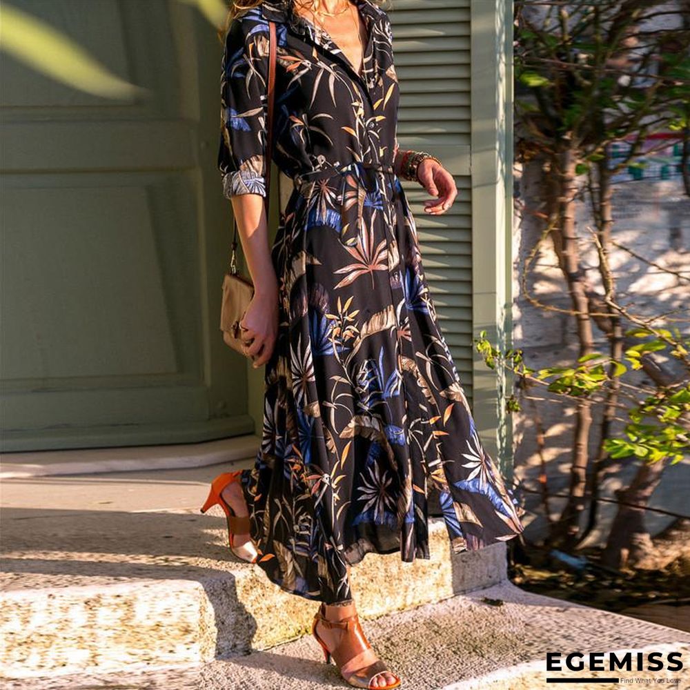 Autumn Printed Long Sleeve Lace Up Women's Dress Black Dresses | EGEMISS