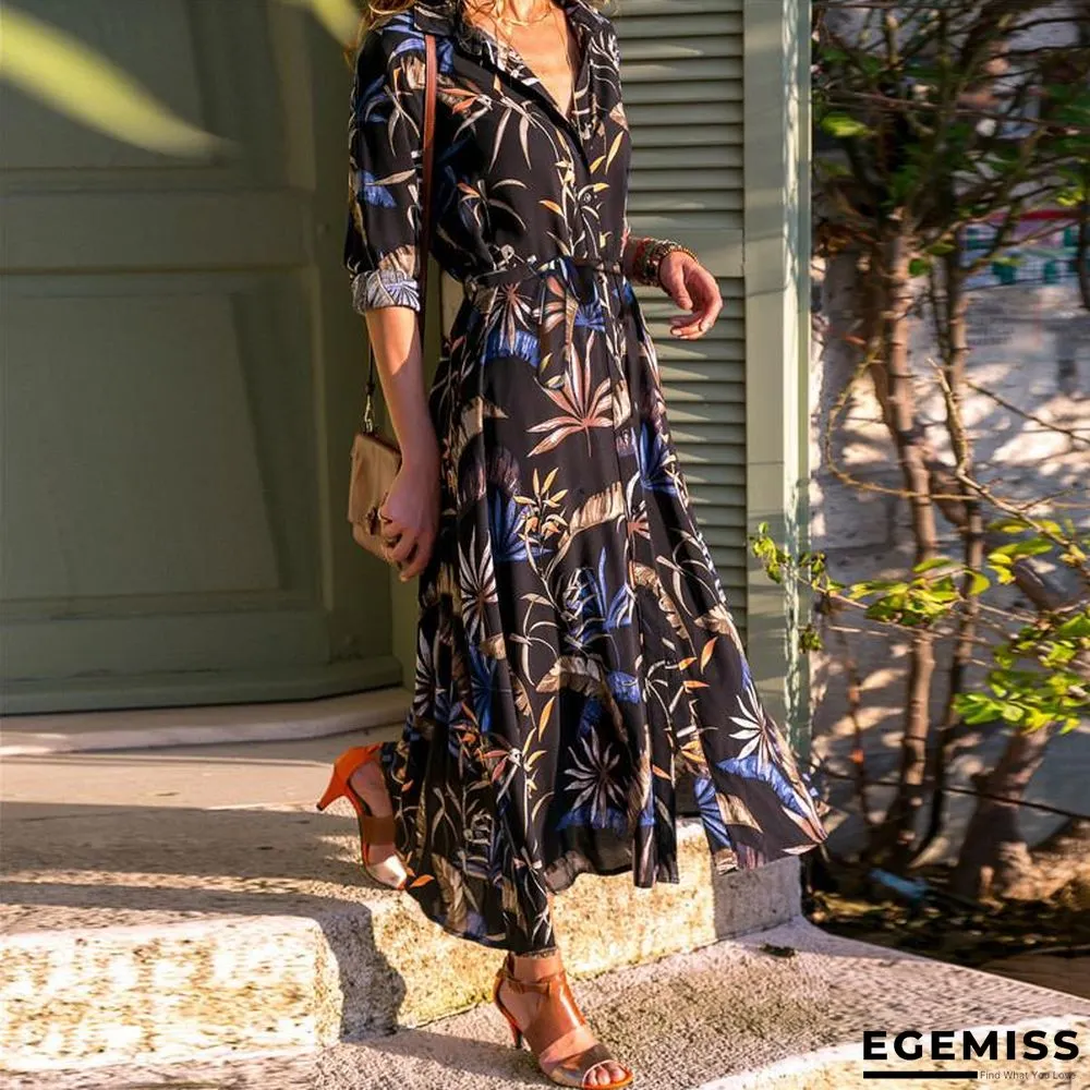 Autumn Printed Long Sleeve Lace Up Women's Dress Black Dresses | EGEMISS
