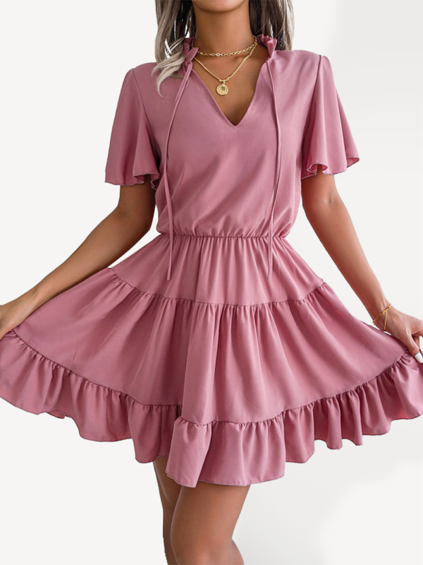 Mature Women Spring And Summer Casual Solid Color Lotus Leaf Swing A-Line Dress