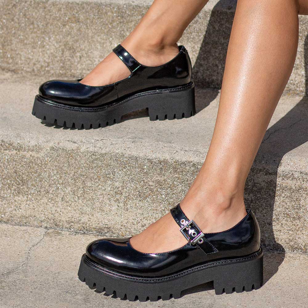 Black Round Toe Buckle Strap Chunky Heel Platform Mary Janes Nicepairs