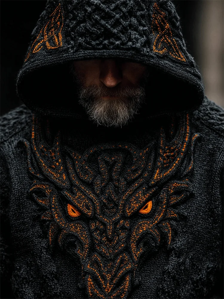 Men's Halloween Viking Evil Dragon Celtic Cozy Chunky Hooded Sweater