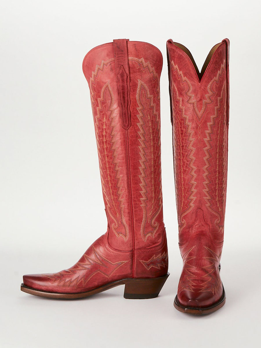 Red Snip Toe Embroidered Knee Chunky Heel Vintage Cowgirl Boots