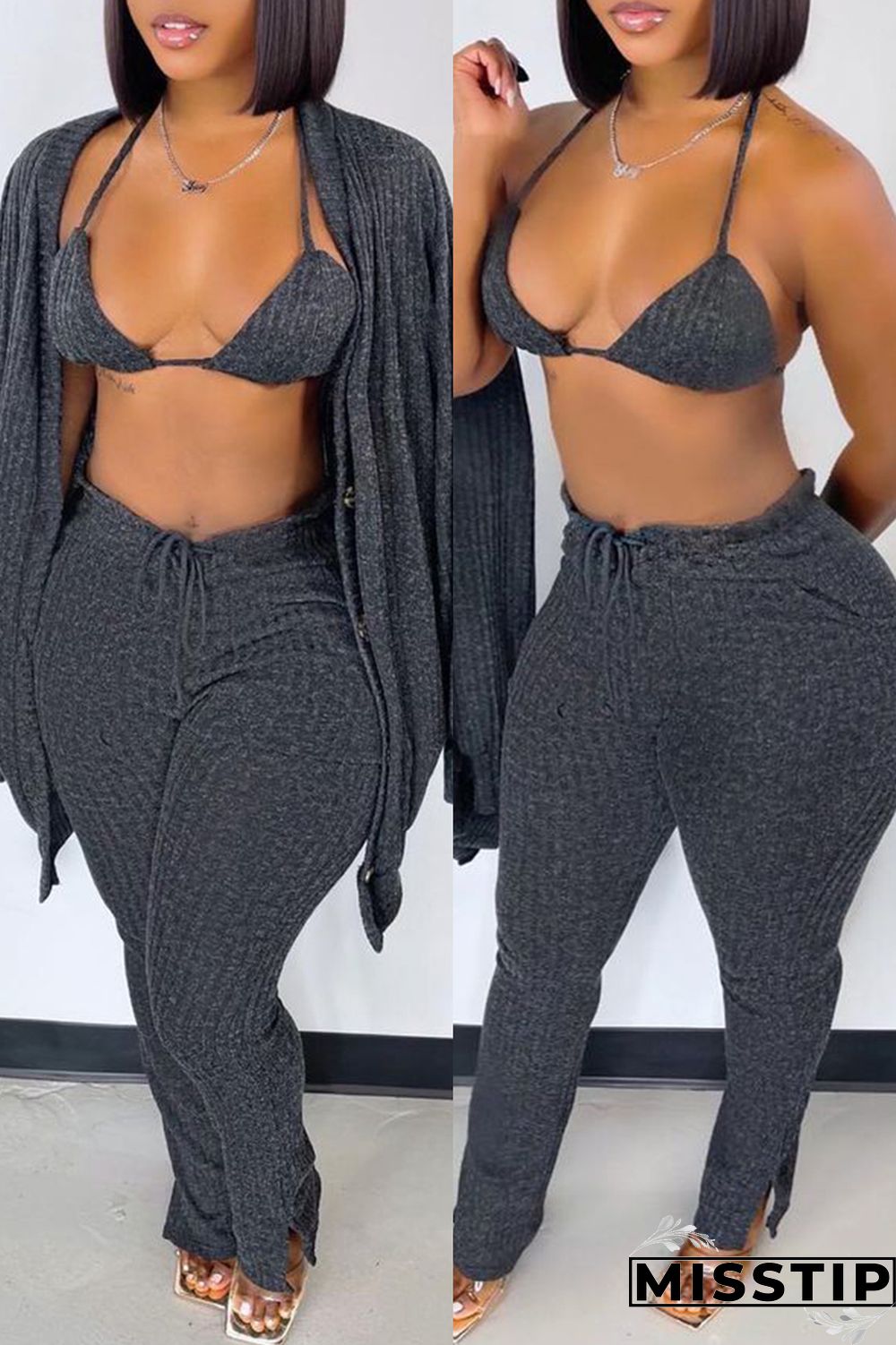 Blue Fashion Casual Solid Cardigan Vests Pants Long Sleeve Three-piece Set