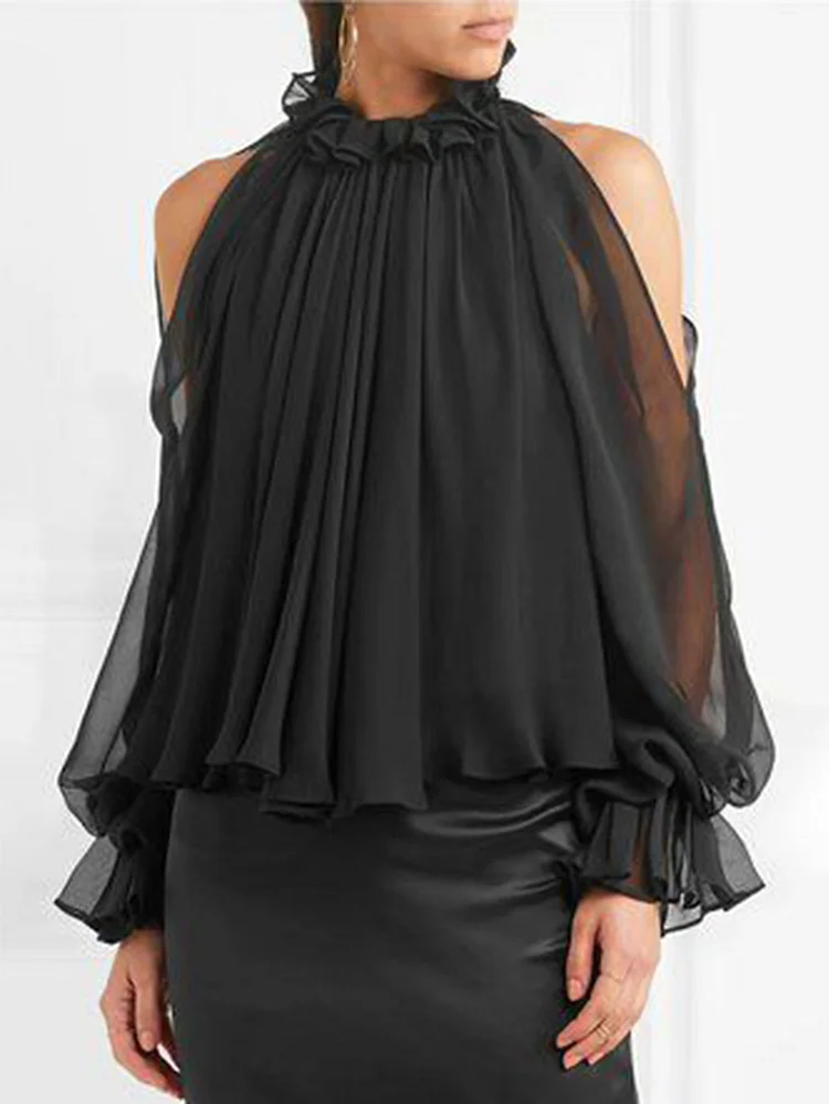 Elegant Plain Cold Shoulder Long Sleeve Ruffle Blouse