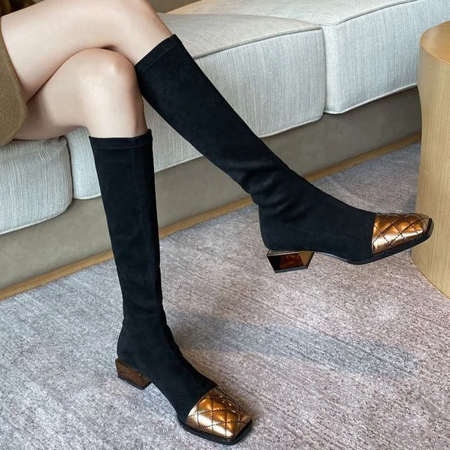 Quilted Boots Square-Toe Panel Knee-High Block Heel