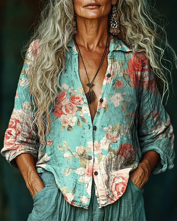 Women's Vintage Floral Print Casual Western Shirt