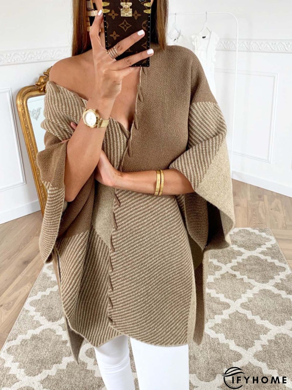 Khaki Casual Knitted V Neck Tunic Sweater Knit Jumper | IFYHOME