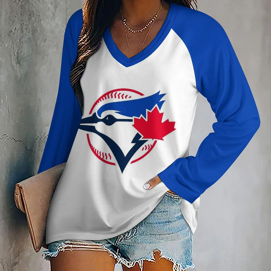 V-neck Long Sleeve Casual T-shirt for  Women and Men Printed with Pattern,Navy,Blue