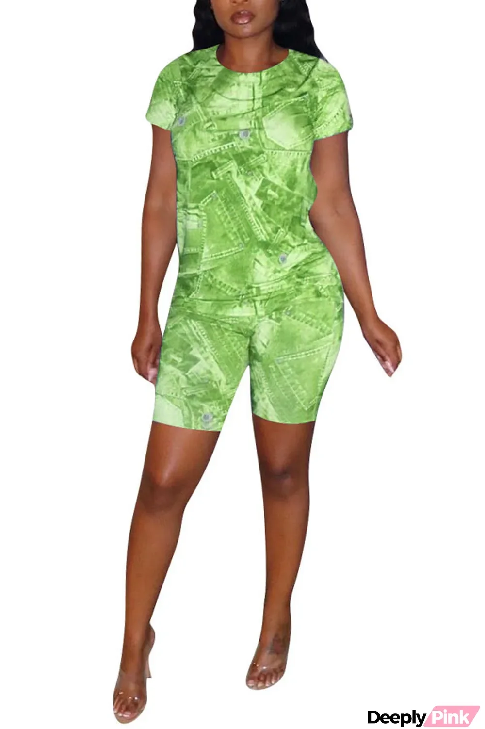 Green Polyester Casual Print Straight Short Sleeve Two Pieces