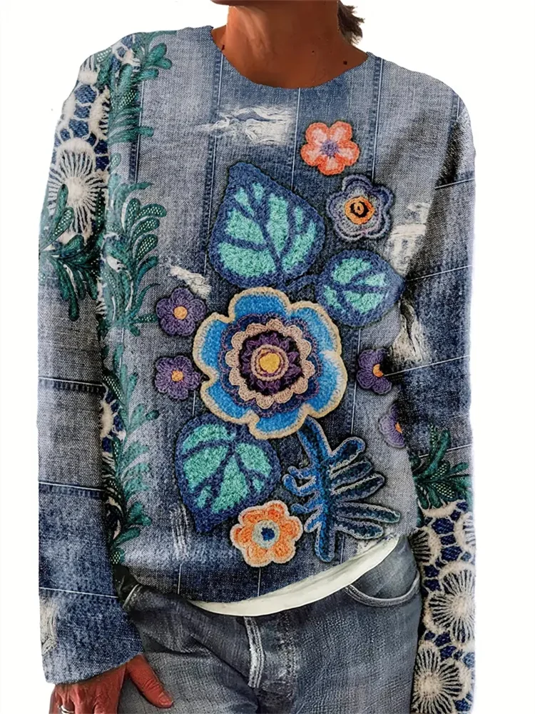 Denim Floral Embroidery Cozy Sweater