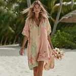 Women's Vintage Pink Floral Art Short Sleeve Midi Dress - Image 2