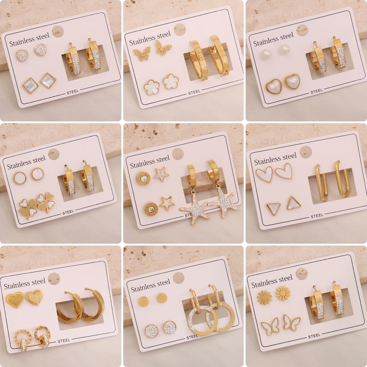 3 Pairs Of Love Starfish Stainless Steel All-Match Earrings Butterfly Flower Earrings E601