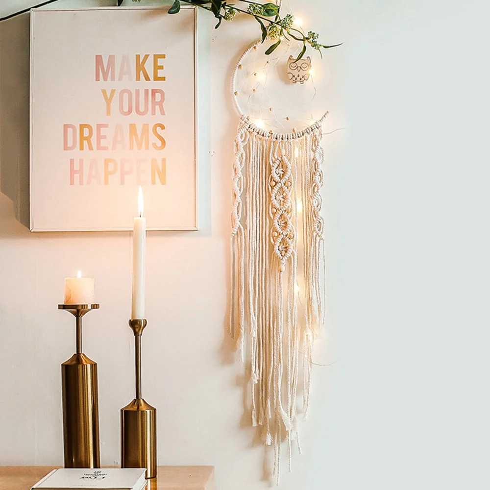 Moon Star Macrame Dream Catcher Wall Hanging Boho Room Decor Kids Girls Home Decoration With Led Light Gifts Dropshipping