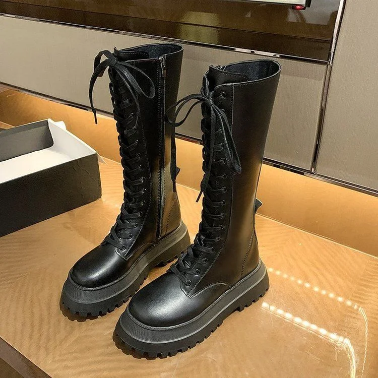 Nausk Lace Up Booties Mujer Zip Chelsea Chunky Platform Pu Leather Knee High Boots Women Punk Increasing Long Woman