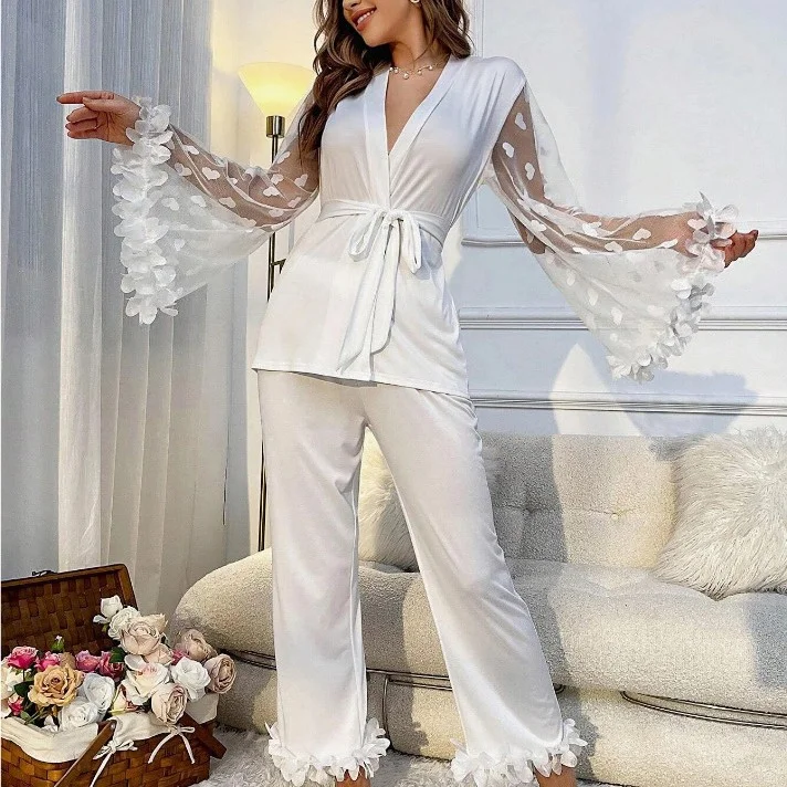 Churchf Sex Lingerie Lady Casual Set Sexy Lace Horn Sleeve Set Pajamas Trousers Chiffon Homewear