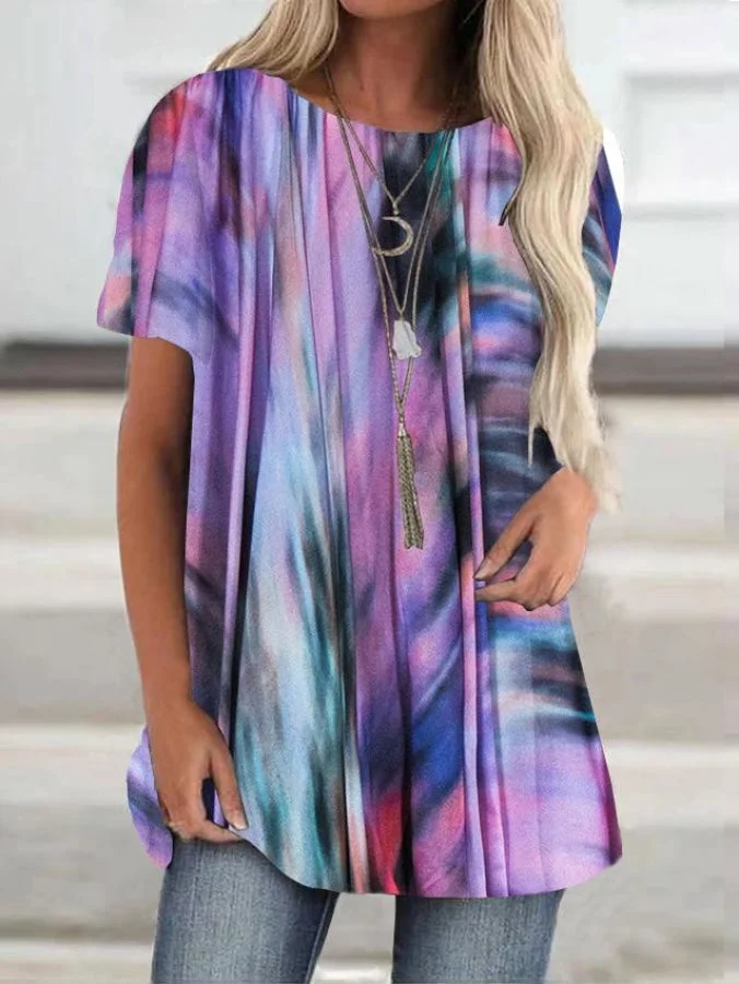 Women Short Sleeve Round Neck Gradient Printed Top T-shirt
