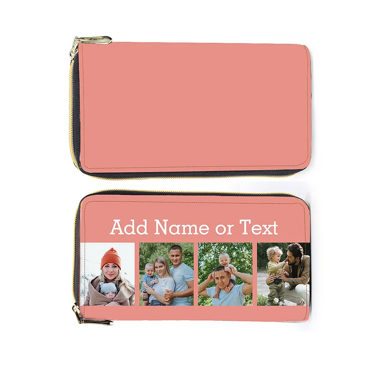 Personalized Photo Zipper Wallet with 4 Photos Pink Leather Purse for Women