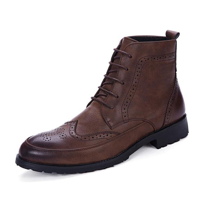 Men Pu Leather Ankle Oxford Boots British Style Male Casual Lace Up Derby Shoes Retro Carved Flower Brogue Shoes